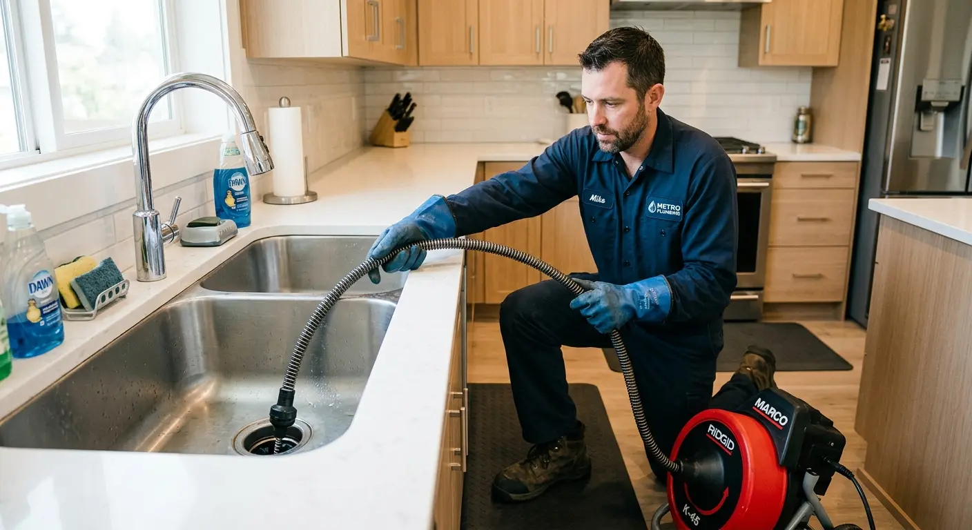 Drain cleaning technician using a motorized snake on a kitchen sink in Sayre