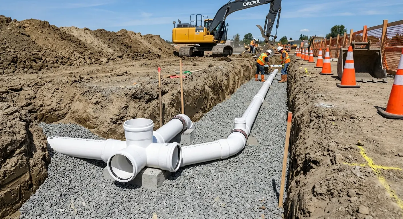 New PVC sewer pipe installation in open trench for Sewer Backup in Sayre