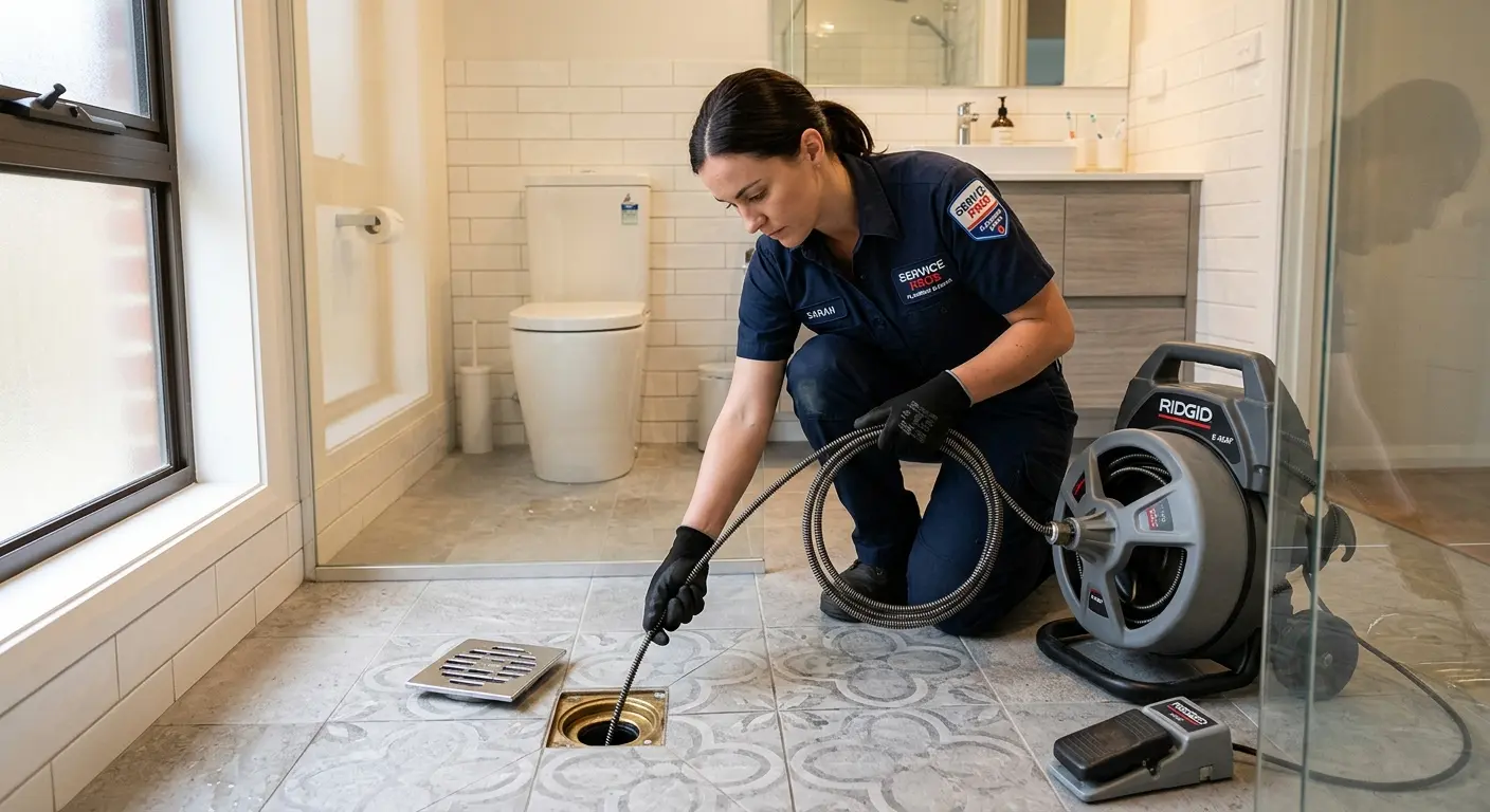 Technician clearing a bathroom floor drain for Sewer Line Replacement in Sayre